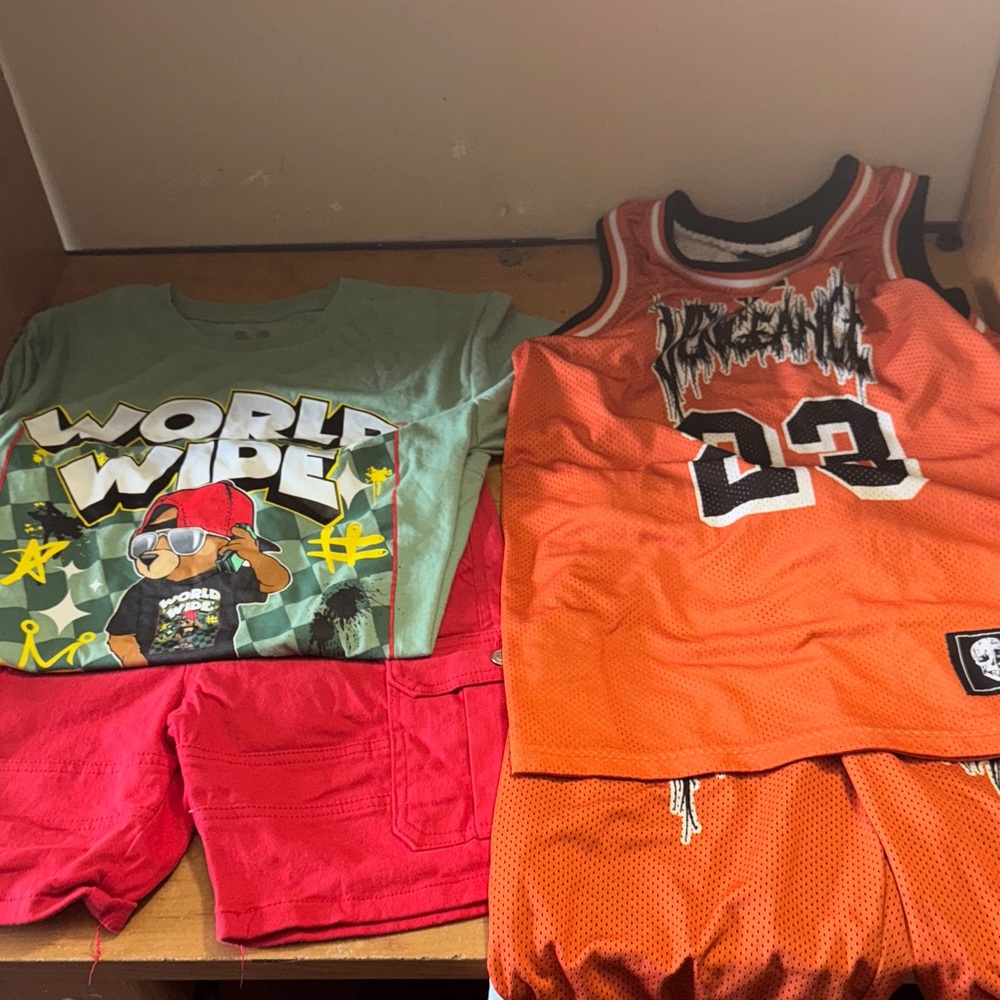 Orange Basketball Jersey and Green Graphic Tee Set